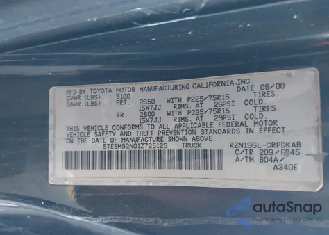 2001 Toyota Tacoma Prerunner z USA, uszkodzony, nr VIN 5TESM92N01Z725125